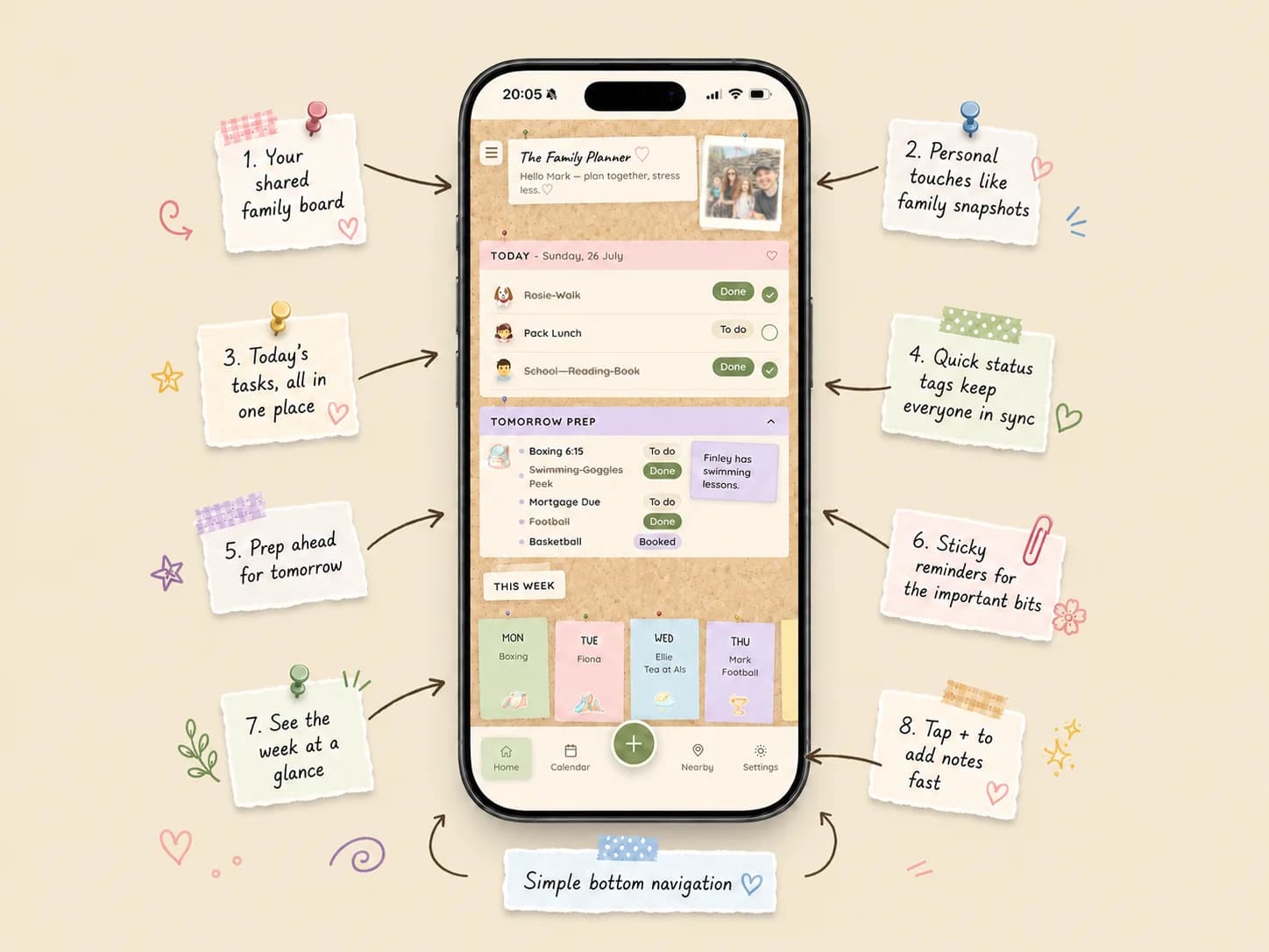 The Little Corkboard home board showing today's tasks, tomorrow prep, the week at a glance and a family photo.
